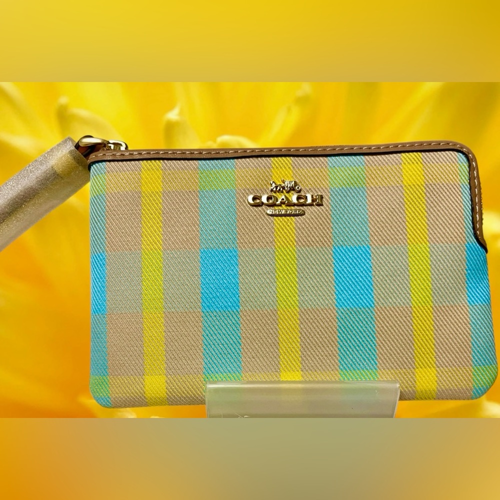 Coach NWT Wristlet Nolita Plaid Bright Maize Coated Canvas/Leather Trim - Picture 5 of 13